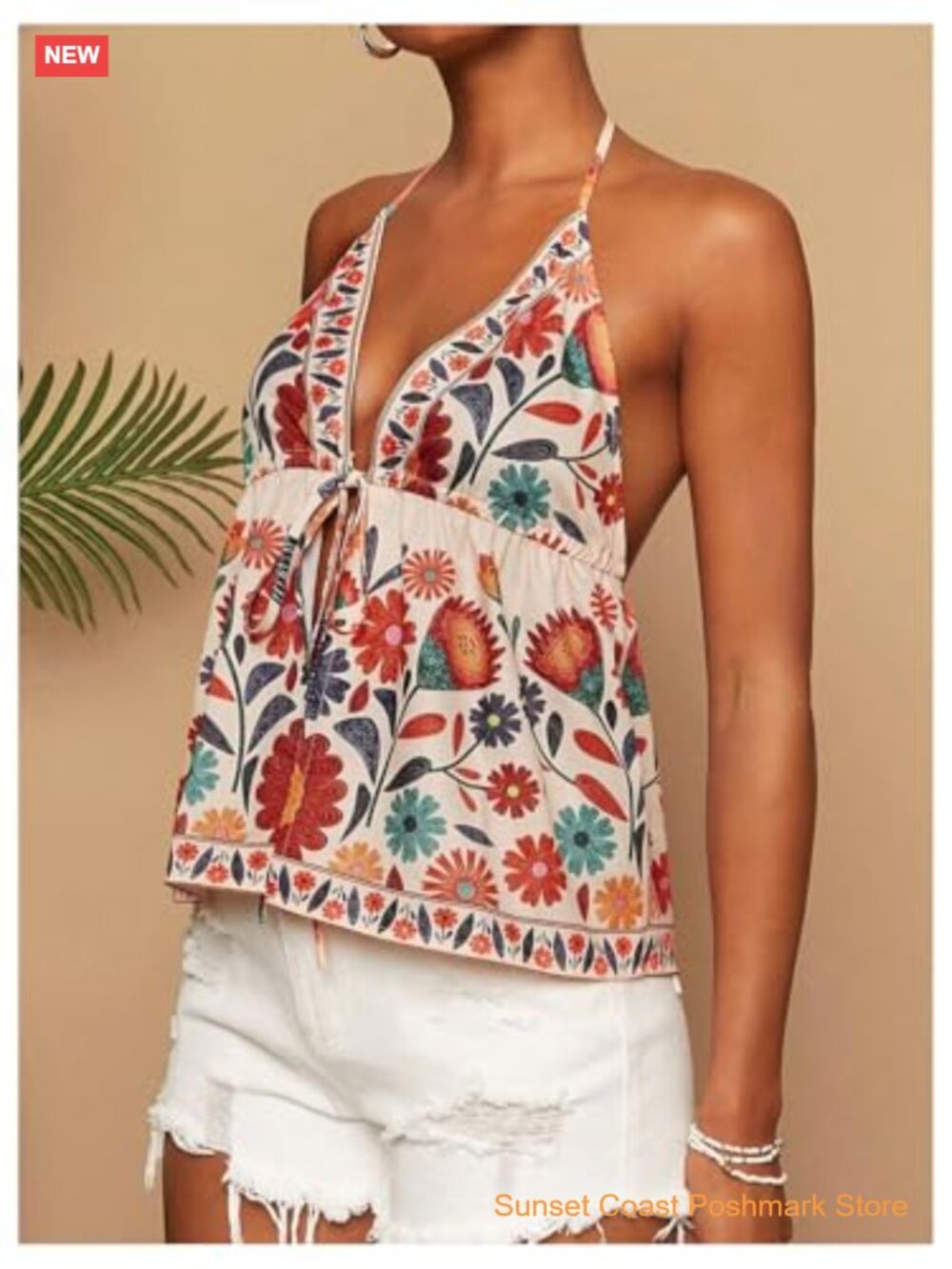 Tropical Halter Tank Top Tie Backless Boho Camisole Crop Top - Picture 2 of 6